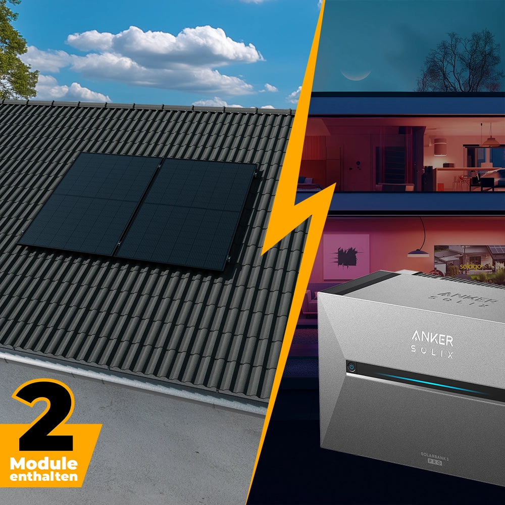 Balkonkraftwerk mit Anker SOLIX Solarbank 3 Pro 1000W/800W Glas-Glas bifazial - Komplettset Schrägdach vertikal