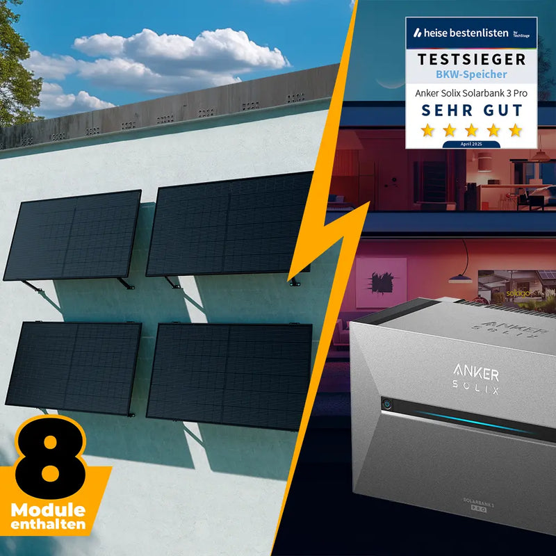 Solarkraftwerk mit Anker SOLIX Solarbank 3 Pro 4000W Glas-Glas bifazial - Komplettset Wandmontage