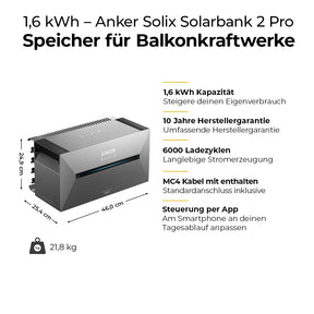 Balkonkraftwerk mit Speicher 2000W - inkl. Anker SOLIX Solarbank 2 Pro - Komplettset Flachdach/Boden