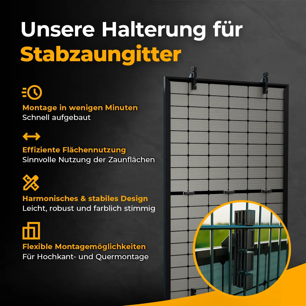 Solago Halterung für Balkonkraftwerk am Stabzaungitter – schnelle Montage, Hoch- und Quermontage möglich