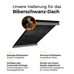 Visualisierung eines Solarmodul-Montagesets für Biberschwanzdächer mit Detailansicht des Dachhakens und Befestigungsprofils über den gebogenen Ziegeln; hervorgehobene Merkmale: Klicksystem, flexible Montagerichtung, verstellbare Dachhaken und modulgenaue Endklemmen.