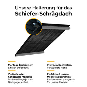 Darstellung eines Montagesystems für Solarmodule auf Schiefer-Schrägdächern mit Nahaufnahme eines höhenverstellbaren Dachhakens unter Schieferplatten; Textinfos heben Klicksystem, flexible Montageausrichtung, Premium-Dachhaken und perfekte Passform für die Module hervor.