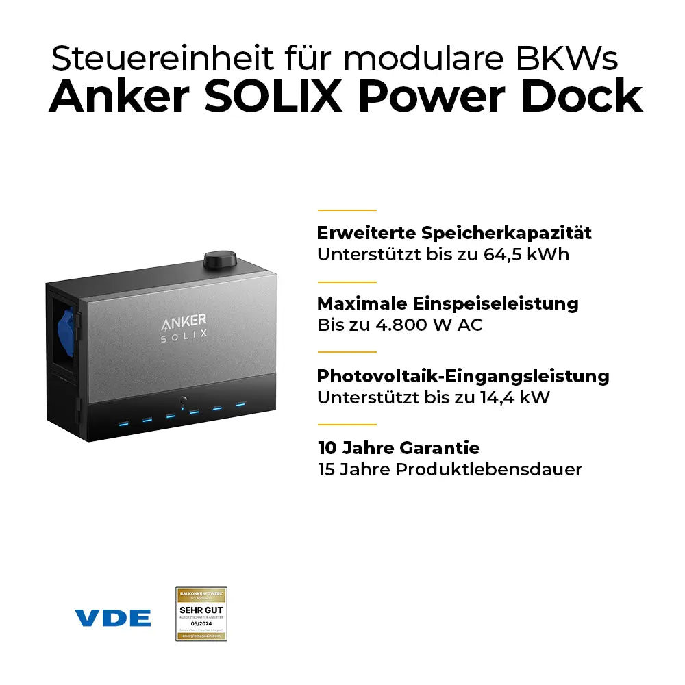 Anker SOLIX Power Dock – Steuereinheit für modulare Balkonkraftwerke, erweiterbare Speicherkapazität bis 64,5 kWh, Einspeiseleistung 4.800W AC, PV-Eingangsleistung bis 14,4 kW, 10 Jahre Garantie – geprüft vom VDE, erhältlich bei solago