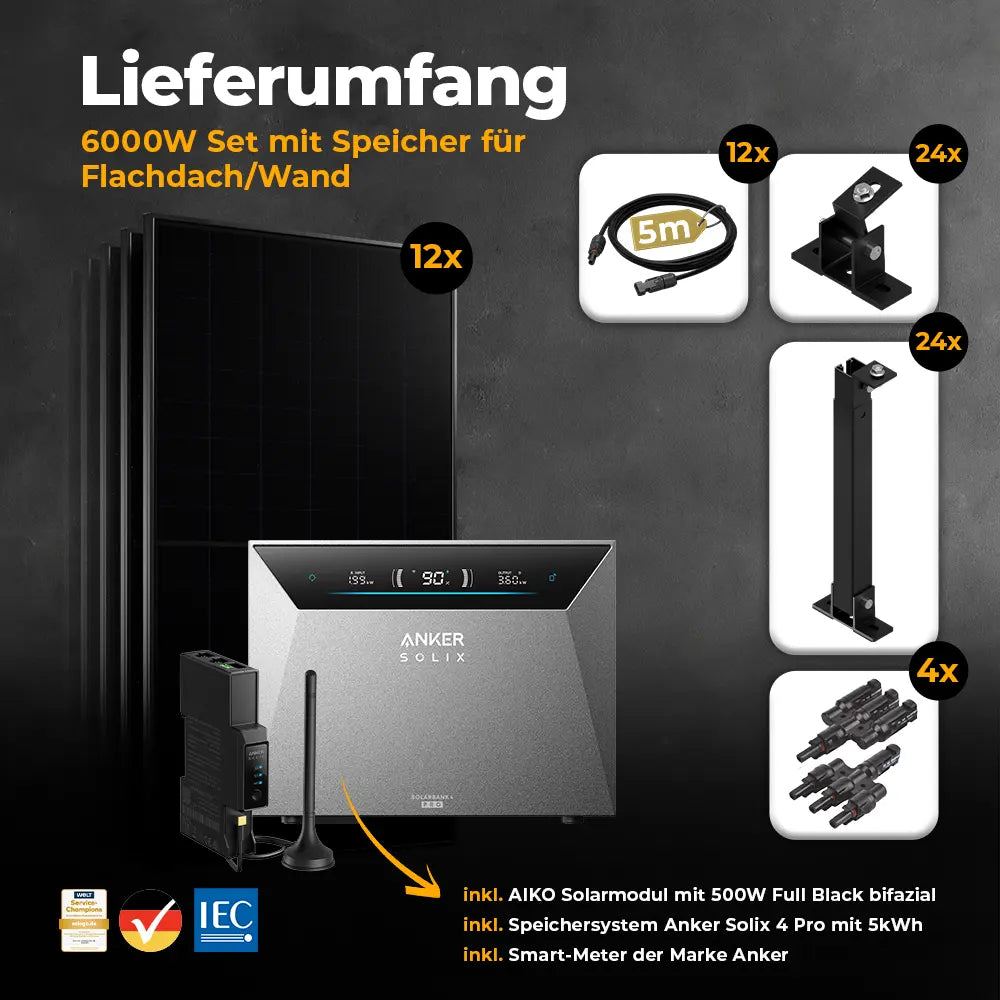 Solarkraftwerk 6000W mit Speicher Anker SOLIX 4 Pro - Komplettset Flachdach/Boden