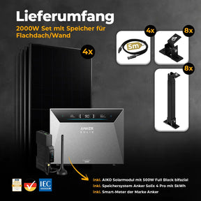 Balkonkraftwerk mit Anker SOLIX Solarbank 4 Pro 2000W Glas-Glas bifazial - Komplettset Flachdach / Boden