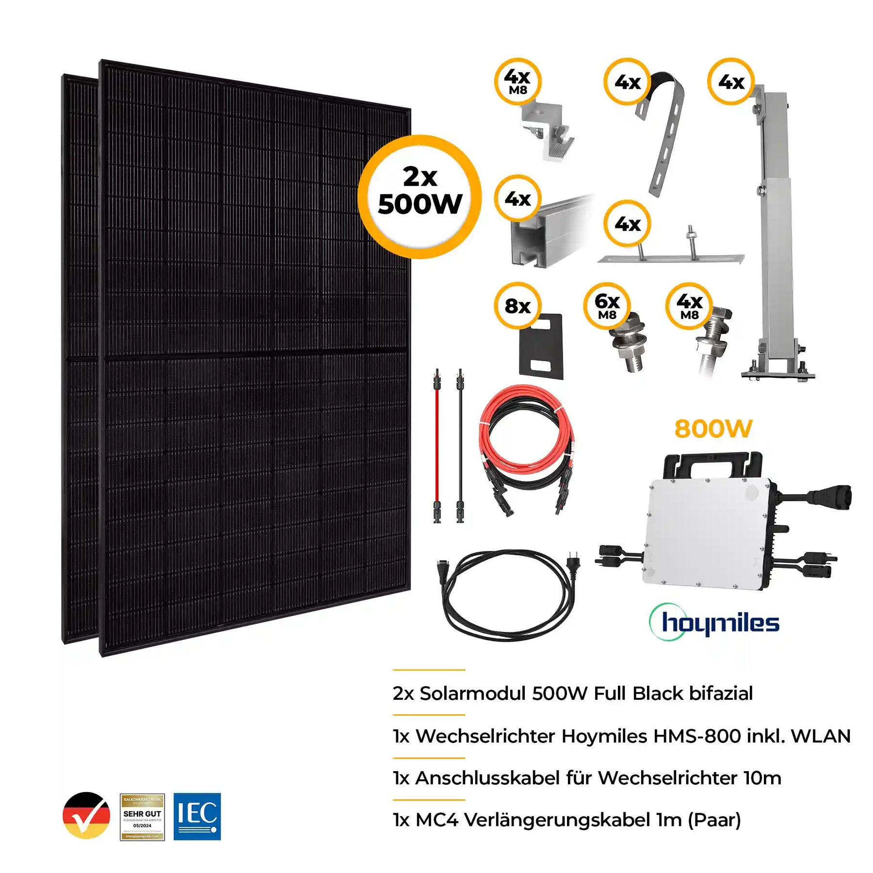 Balkonkraftwerk Komplettset mit Halterung 1000W