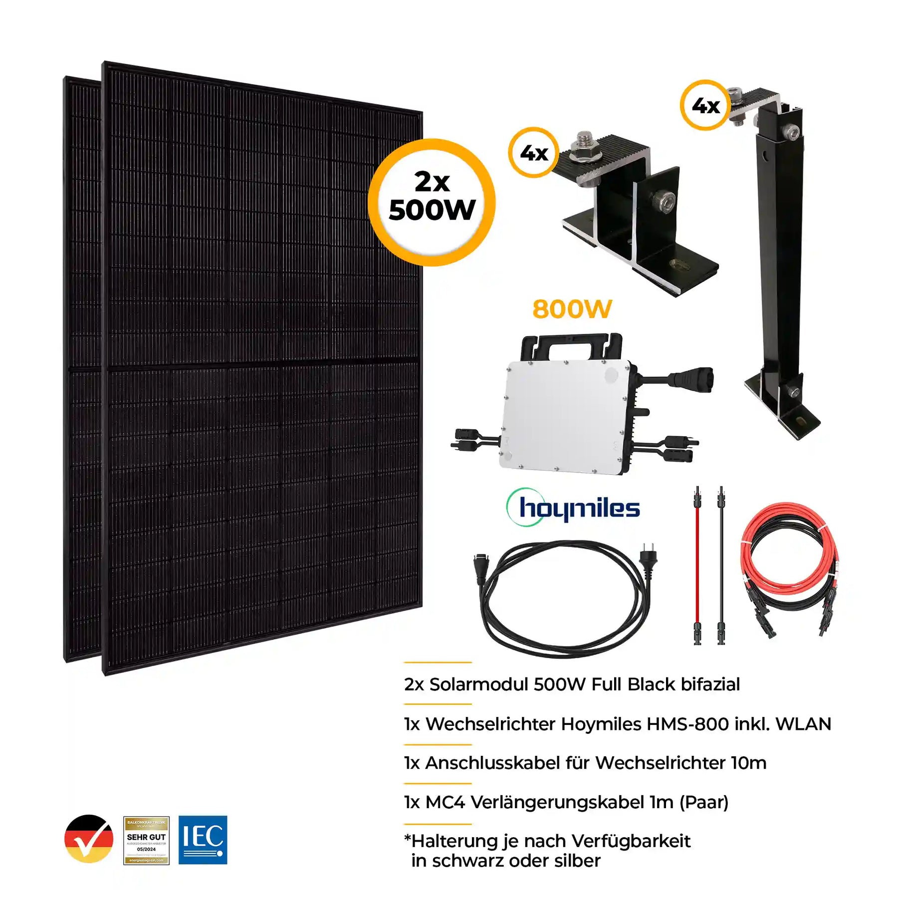 Balkonkraftwerk Komplettset mit Halterung 1000W