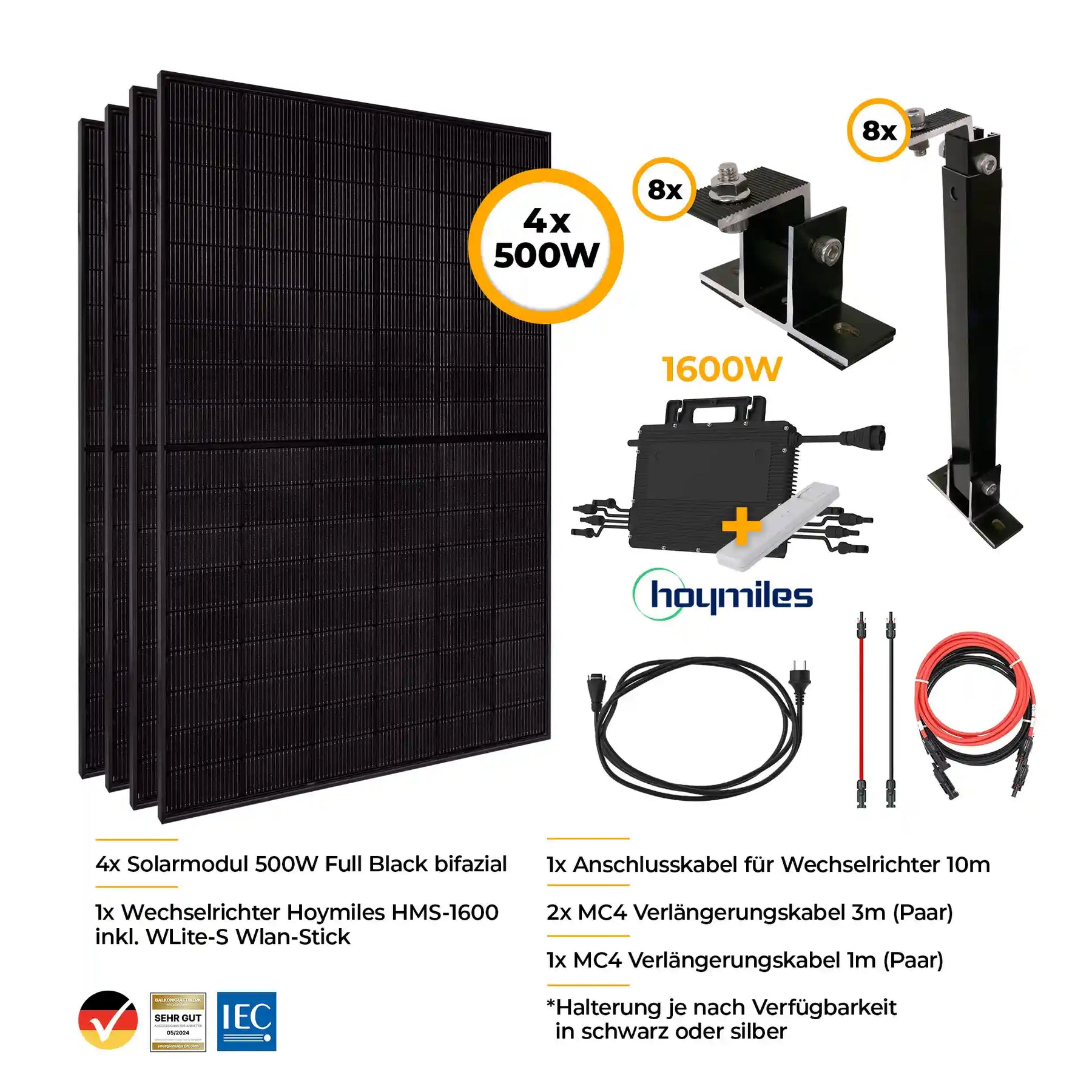 Balkonkraftwerk Komplettset mit Halterung 2000W