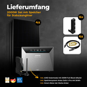 Balkonkraftwerk mit Anker SOLIX Solarbank 4 Pro 2000W Glas-Glas bifazial - Komplettset Stabgitterzaun