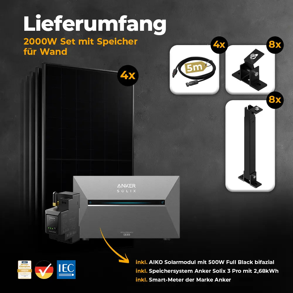 Balkonkraftwerk mit Anker SOLIX Solarbank 3 Pro 2000W Glas-Glas bifazial - Komplettset Wandmontage