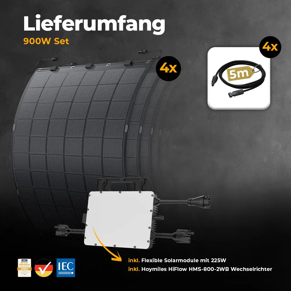 Balkonkraftwerk 900W Set ohne Speicher – 4x flexible Solarmodule 225W und Hoymiles HiFlow HMS-800-2WB Wechselrichter
