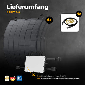 Balkonkraftwerk 900W Set ohne Speicher – 4x flexible Solarmodule 225W und Hoymiles HiFlow HMS-800-2WB Wechselrichter