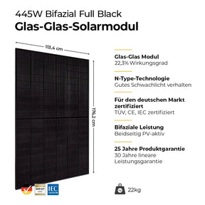 Solarmodul bifazial full black Glas Glas 445 Watt Infos