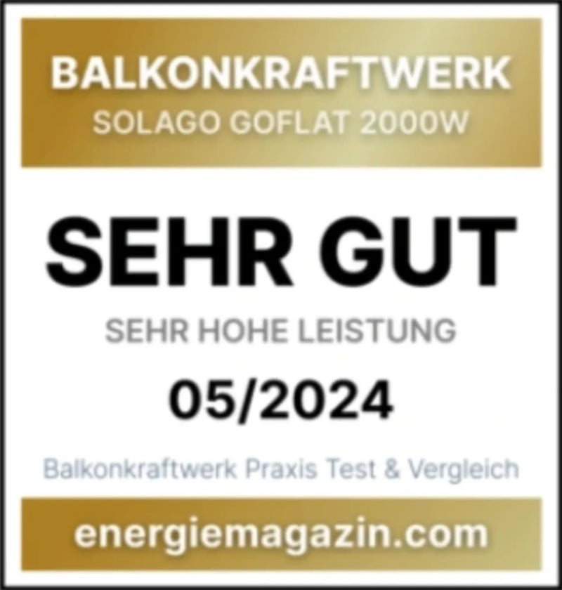 Testsiegel Sehr Gut für Solago GoFlat 2000W Balkonkraftwerk – energiemagazin.com Praxis Test 05/2024