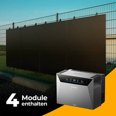 Balkonkraftwerk mit Anker SOLIX Solarbank 4 Pro 2000W Glas-Glas bifazial - Komplettset Stabgitterzaun