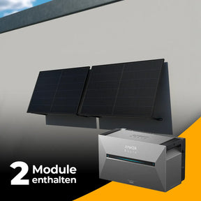 Solago Solarkraftwerk Wand-Komplettset mit 2 Solarmodulen und Anker Solix Speicher. Kompakte Photovoltaikanlage für Wandmontage mit integriertem Stromspeicher – jetzt bei solago kaufen.