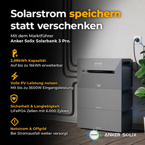 Anker Solix Solarbank 3 Pro – Stromspeicher mit 2,68 kWh Kapazität, erweiterbar auf bis zu 16 kWh. Nutzt volle PV-Leistung mit 3600W Eingangsleistung, LiFePO4-Zellen für 6.000 Ladezyklen, Notstrom- und Offgrid-Funktion für zuverlässige Versorgung bei Stromausfall. Erhältlich bei solago.